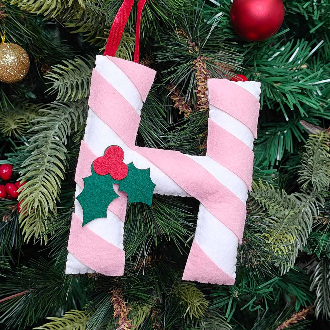Personalized Handmade Blush Candy Cane Monogram Felt Ornament