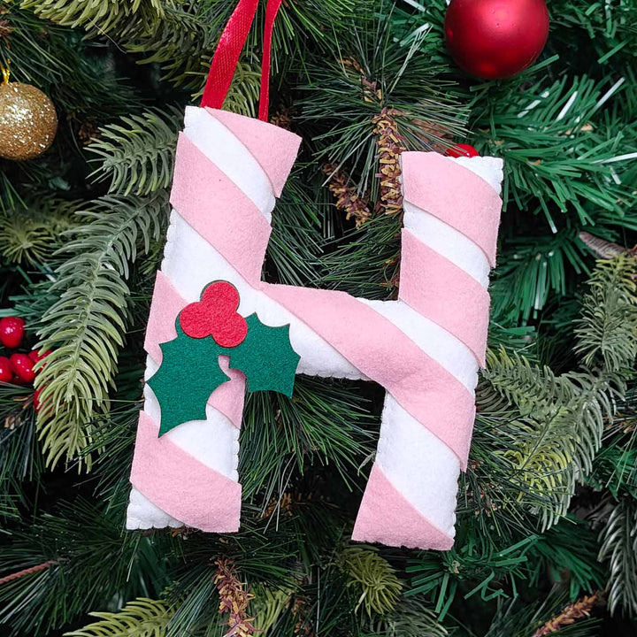 Personalized Handmade Blush Candy Cane Monogram Felt Ornament