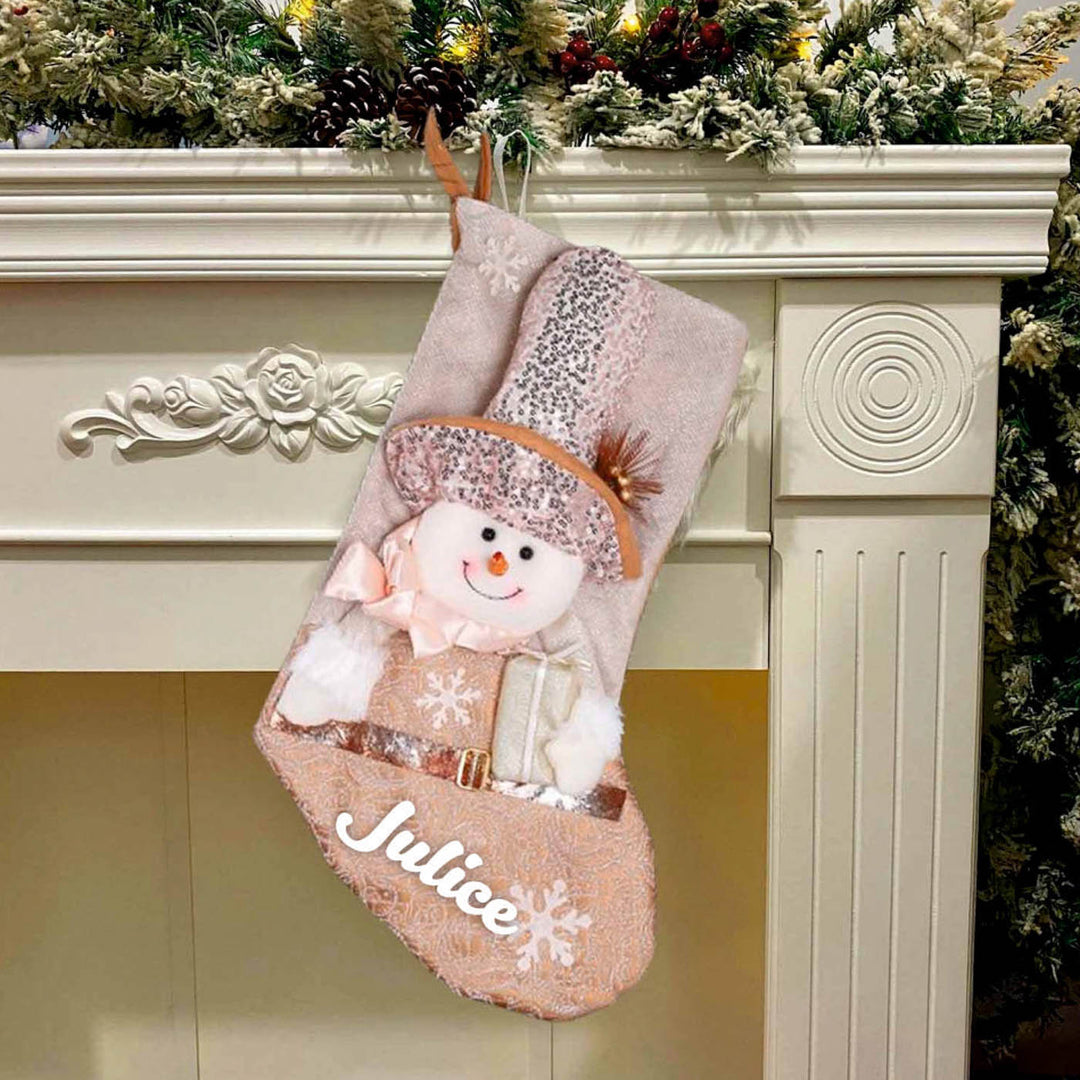 Personalized Handmade Blush And Gold Wonderland Snowman Stocking