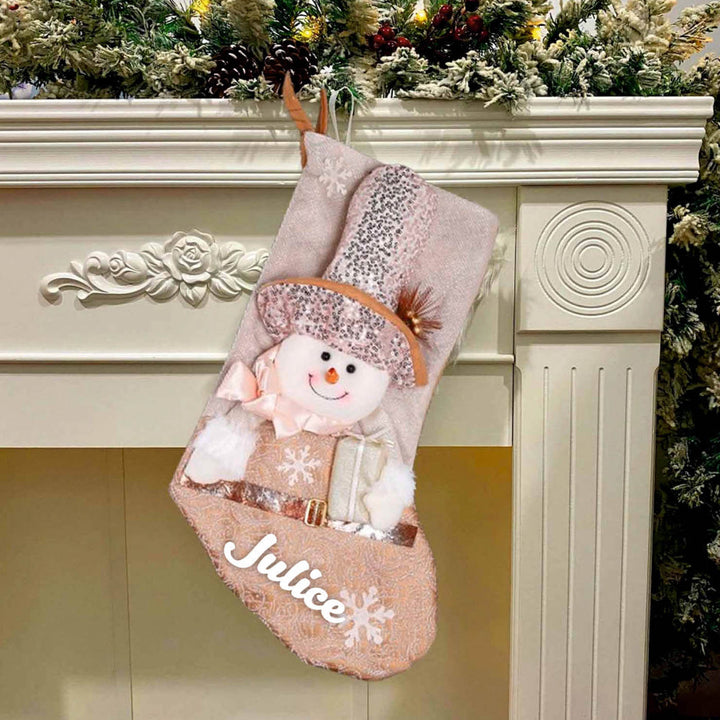 Personalized Handmade Blush And Gold Wonderland Snowman Stocking