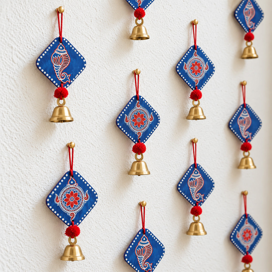 2 Pc | Handcrafted Shankh Pushp MDF Door Hangings With Bells & Pom-Poms