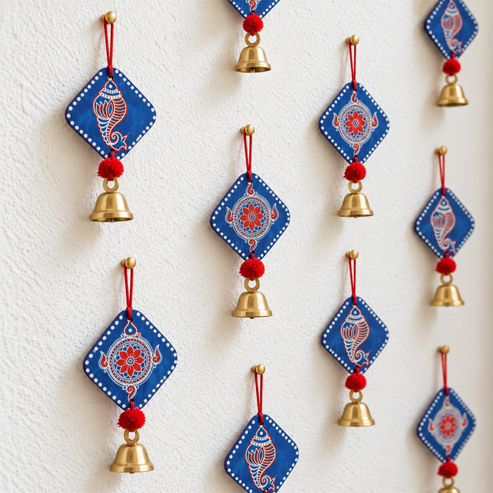 2 Pc | Handcrafted Shankh Pushp MDF Door Hangings With Bells & Pom-Poms