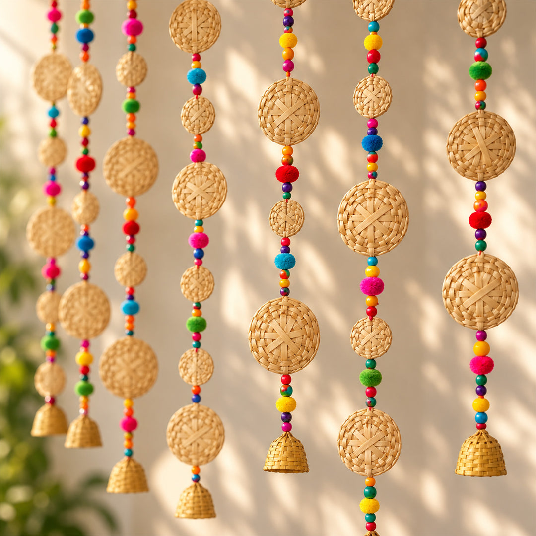 2 Pc | Handmade Woven Basket Design Bamboo Hanging With Wooden Beads & Pom Poms