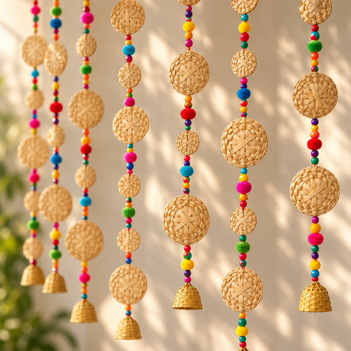 2 Pc | Handmade Woven Basket Design Bamboo Hanging With Wooden Beads & Pom Poms