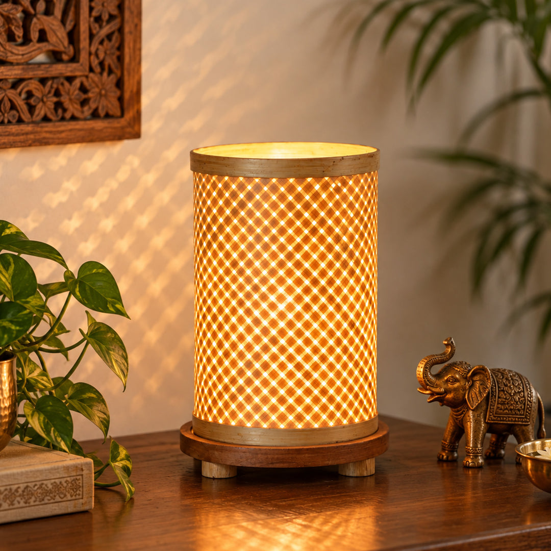 Handmade Woven Bamboo Cylindrical Table Lamp With Wooden Base For Home Decor