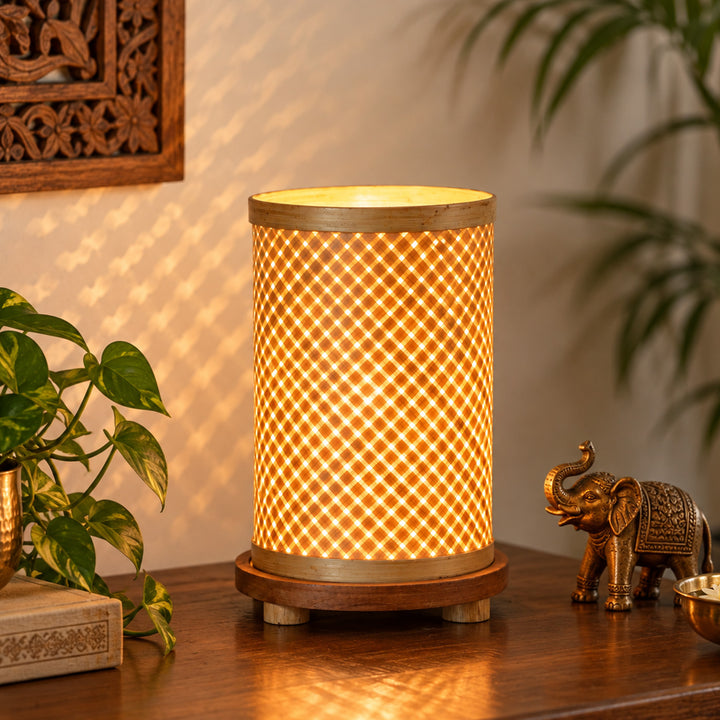 Handmade Woven Bamboo Cylindrical Table Lamp With Wooden Base For Home Decor