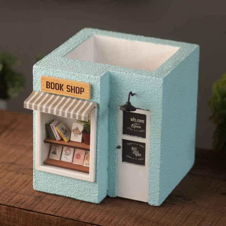Handmade Personalized Book Shop Themed Blue Concrete Planter With Drainage Hole For Home Decor