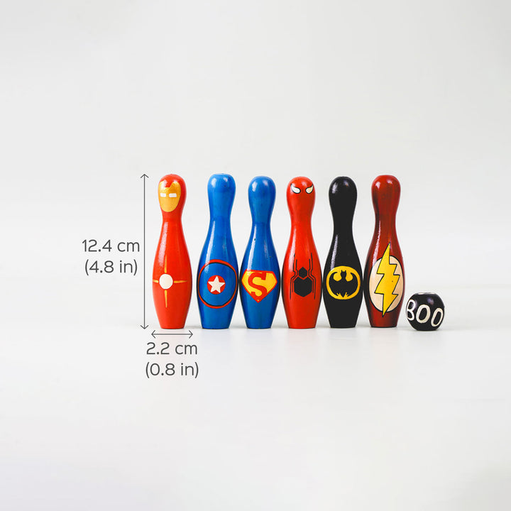 Handpainted Wooden Bowling Pins Toy Set I Superhero Theme