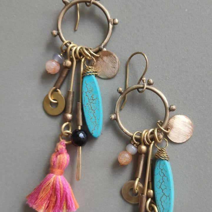 Handmade Loop And Peach Tassel Brass Earrings