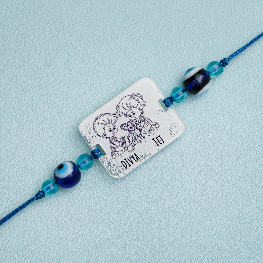 Personalized Handmade 3D Line Art Bro And Sis Evil Eye Beads Acrylic Rakhi With Roli Chawal - Engraving Close-up (5)