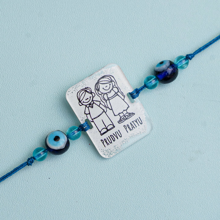 Personalized Handmade 3D Line Art Bro And Sis Evil Eye Beads Acrylic Rakhi With Roli Chawal - Engraving Close-up (7)
