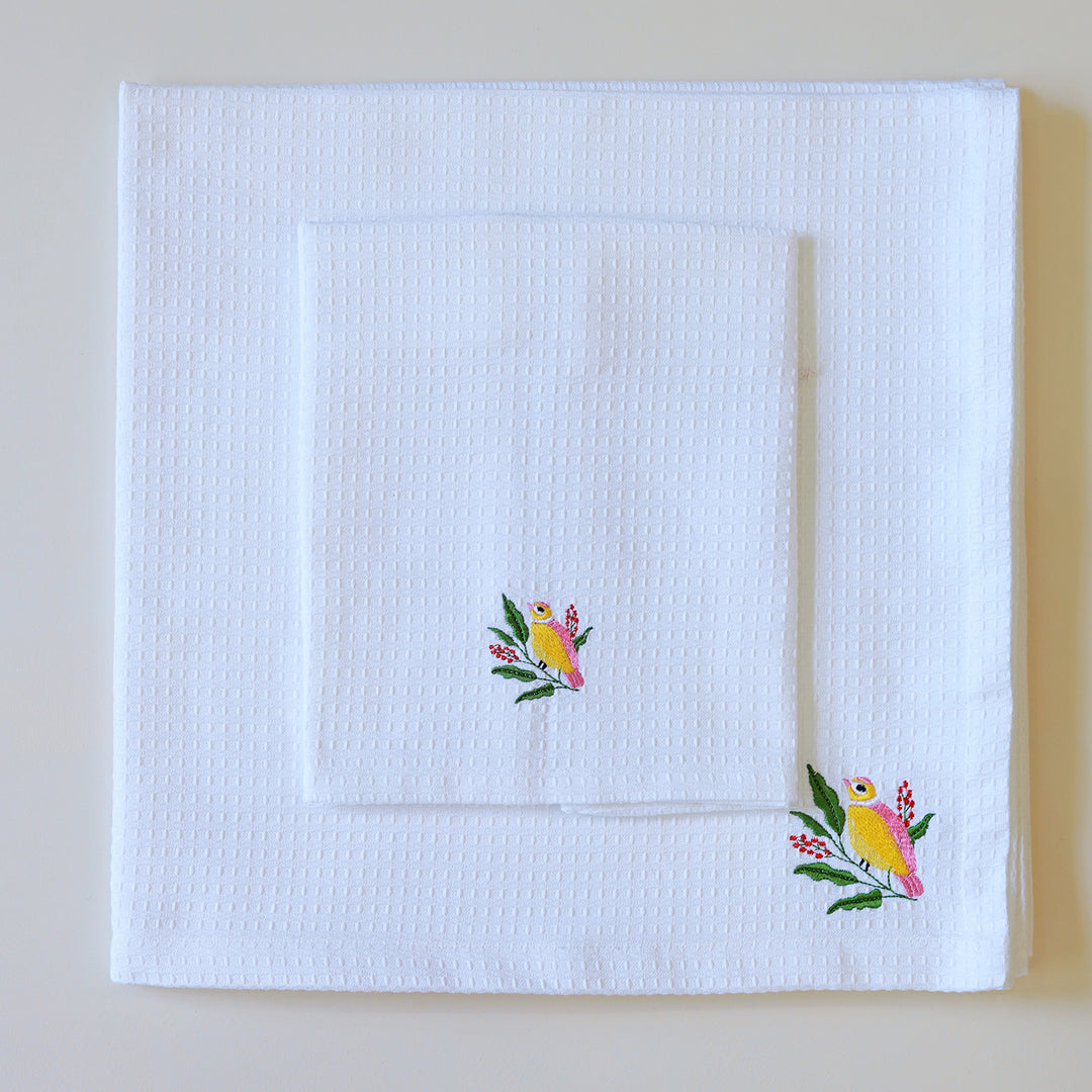 White Embroidered 100% Cotton Towel | Set of 2