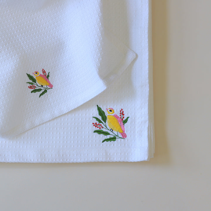 White Embroidered 100% Cotton Towel | Set of 2