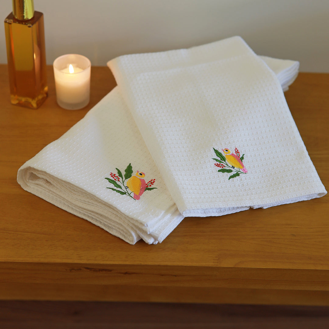 White Embroidered 100% Cotton Towel | Set of 2