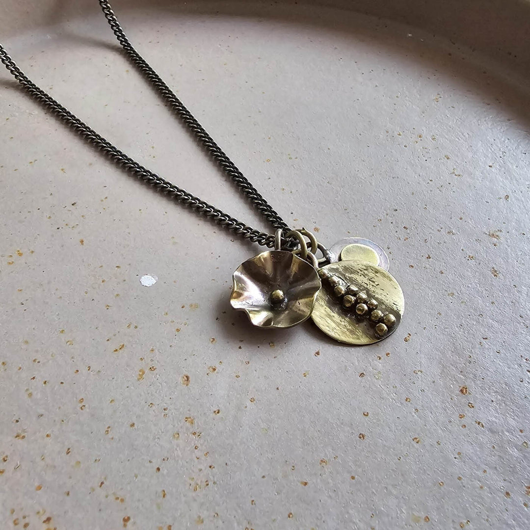 Handmade Button, Oval And Flower Pendant Necklace