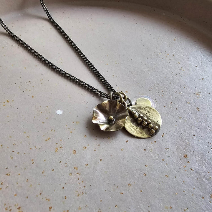 Handmade Button, Oval And Flower Pendant Necklace