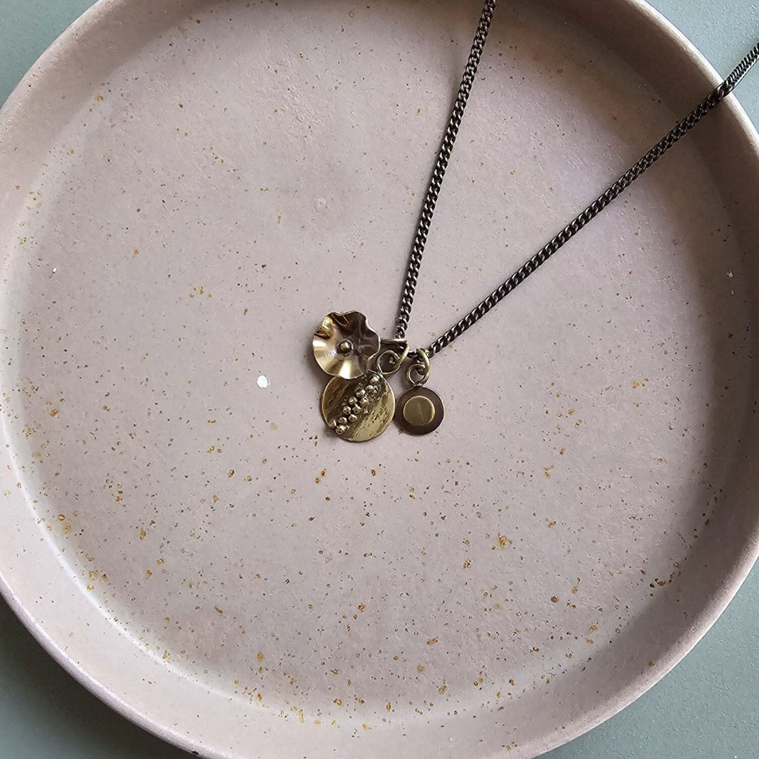 Handmade Button, Oval And Flower Pendant Necklace