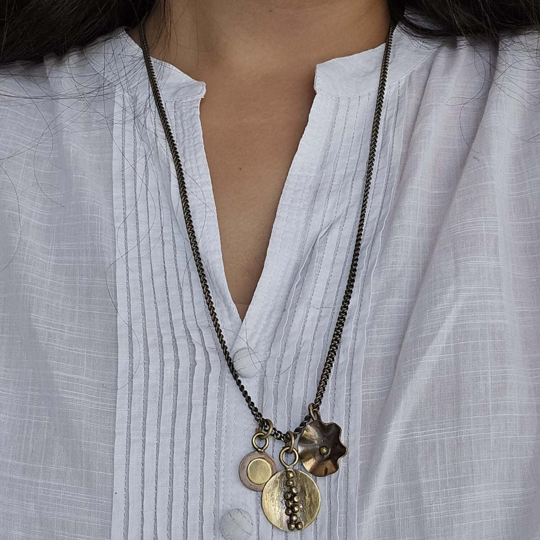 Handmade Button, Oval And Flower Pendant Necklace