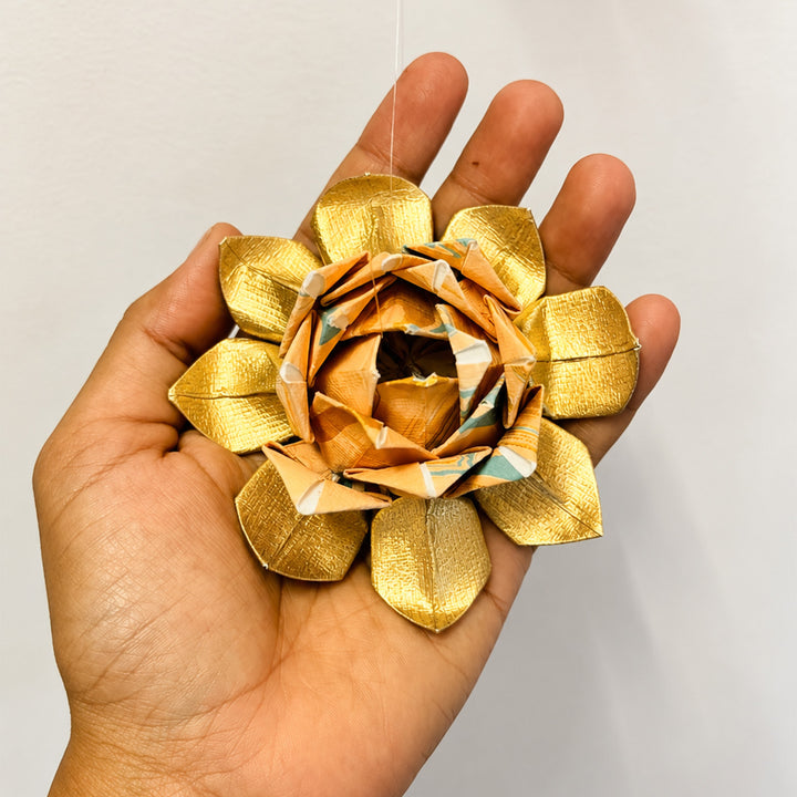 2 Pc | Hand-Marbled Origami Lotus Hanging In Tree-Free Paper - Blush Pink & Gold
