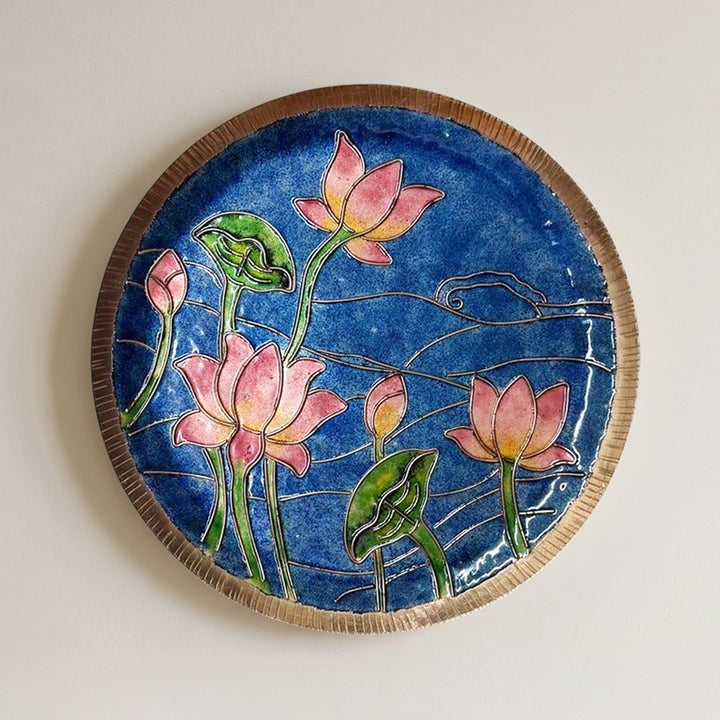 Handcrafted Ardha Kamal Talai Pure Copper Enamel 8 Inch Wall Plate