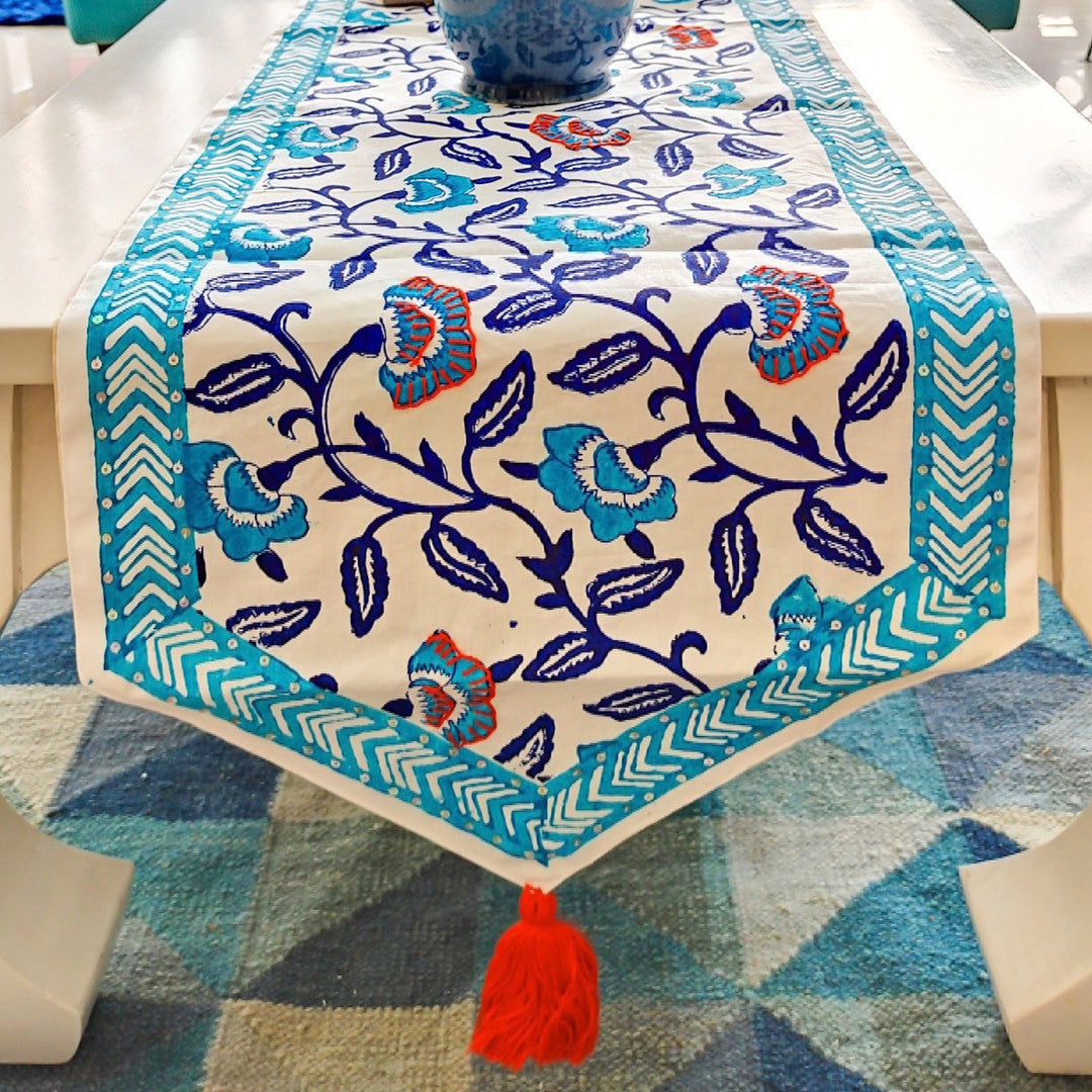 Blue And White Cotton Continual Floral Table Runner