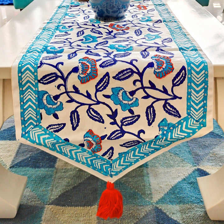 Blue And White Cotton Continual Floral Table Runner