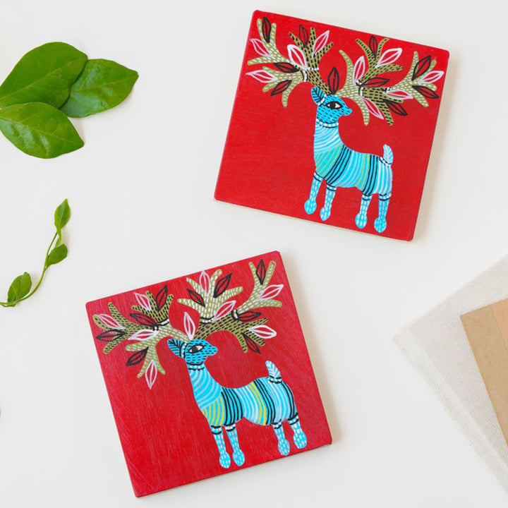 Handpainted Gond Art Wooden Coasters | Set of 2