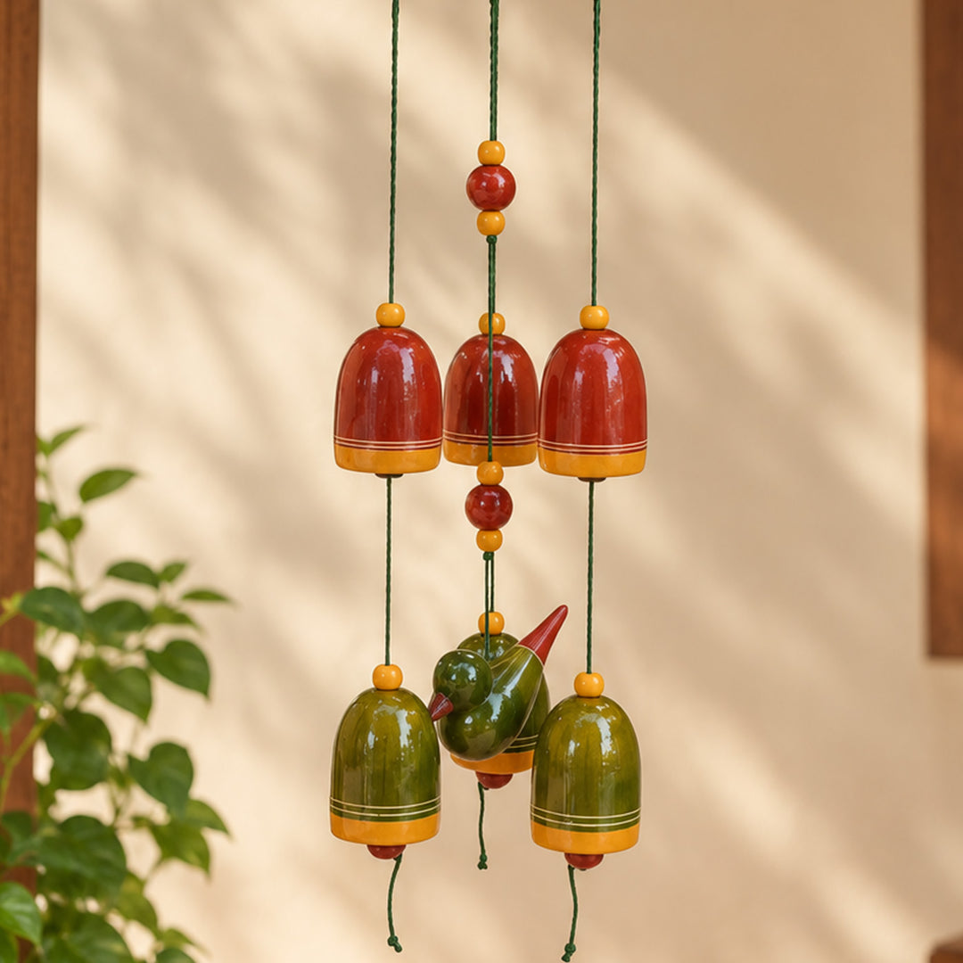 Handcrafted Channapatna Lacquered Wooden Bells Wind Chime Hanging With Bird Motif