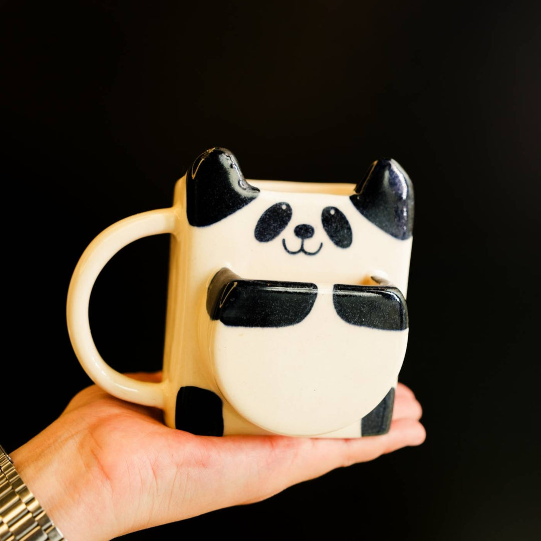 Handmade Panda Theme Ceramic Mug With Biscuit Holder