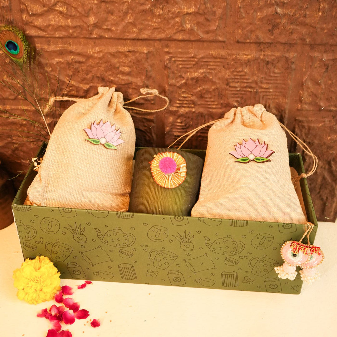 Light & Nourish Diwali Gift Hamper | Includes 2 Dry Fruit Potlis, 2 Hangings, 1 Candle, 1 Mor Pankh, 1 Diwali Card, 1 Gift Box