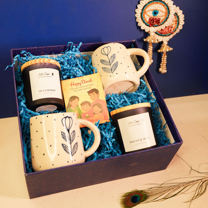 Sips & Sparks Diwali Gift Hamper | Includes 2 Coffee Mugs, 2 Hangings, 2 Candles, 1 Diwali Card, 1 Gift Box