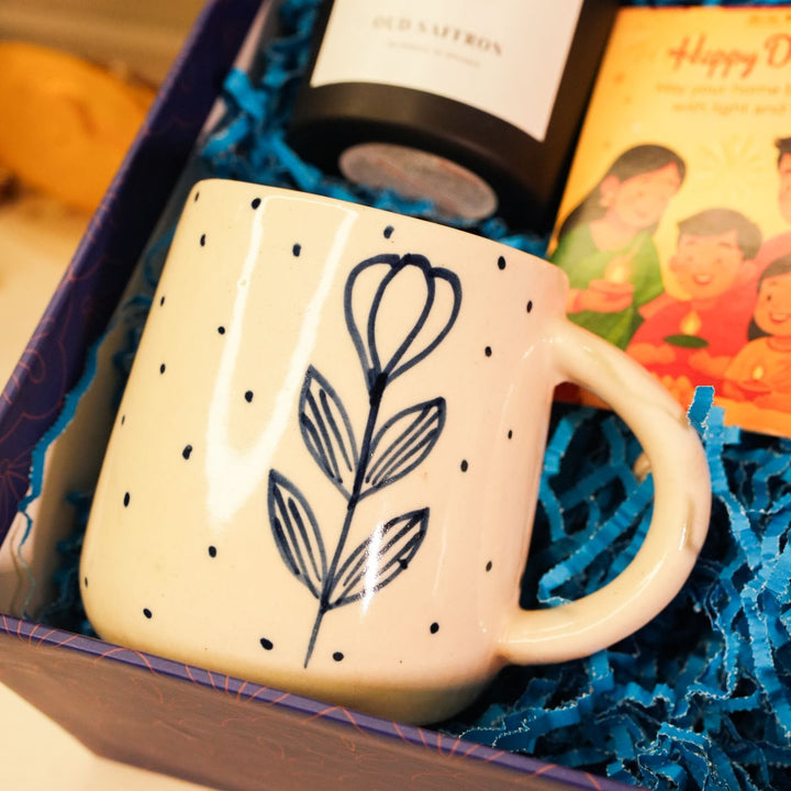 Sips & Sparks Diwali Gift Hamper | Includes 2 Coffee Mugs, 2 Hangings, 2 Candles, 1 Diwali Card, 1 Gift Box