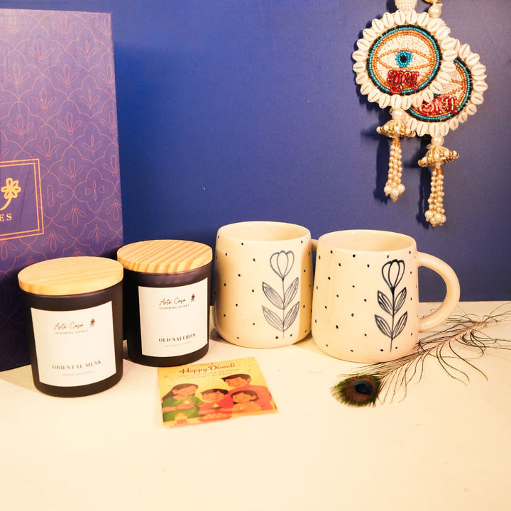 Sips & Sparks Diwali Gift Hamper | Includes 2 Coffee Mugs, 2 Hangings, 2 Candles, 1 Diwali Card, 1 Gift Box