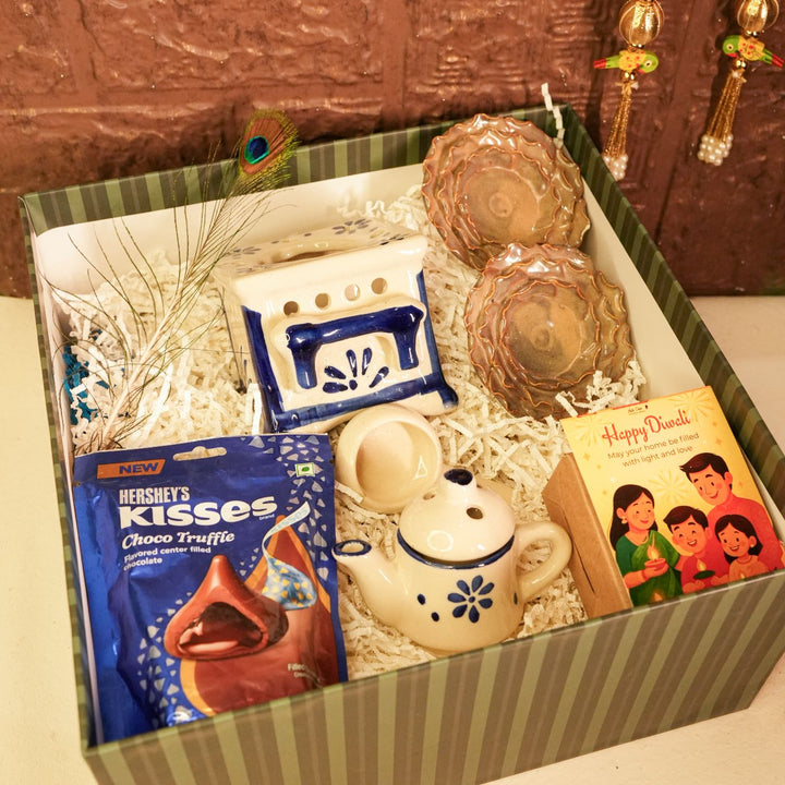 Moments & Moods Diwali Gift Hamper | Includes 1 Aroma Diffuser, 2 Hangings, 1 Chocolate, 2 Tealight Holders, 1 Diwali Card, 1 Gift Box