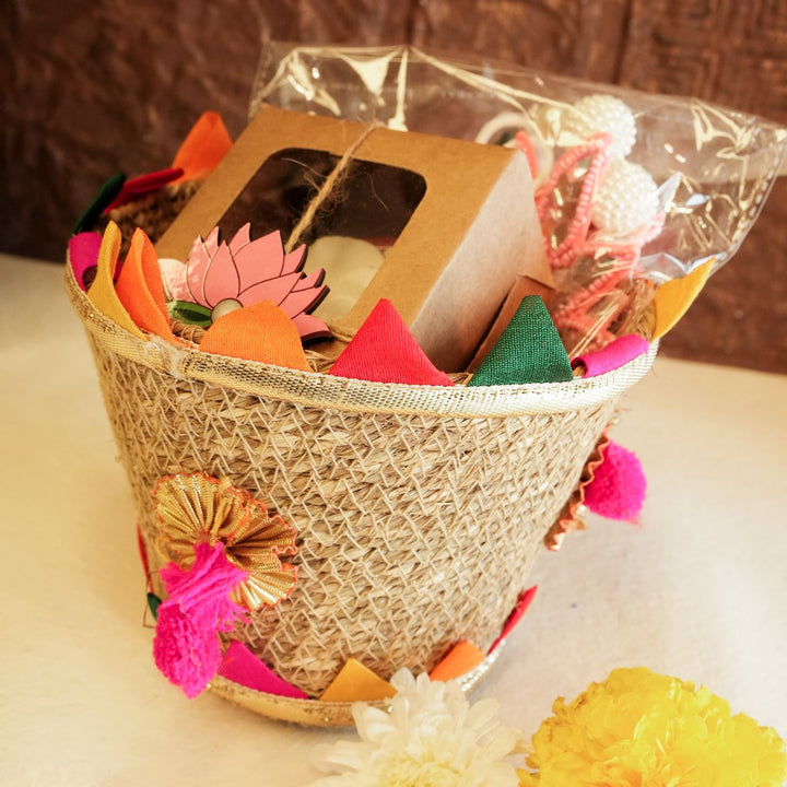 Fragrant Threads Mini Diwali Gift Hamper | Includes 1 Diffuser, 2 Hangings, 1 Diwali Card, 1 Jute Basket