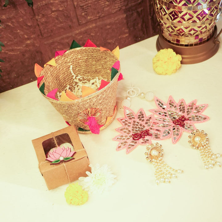 Fragrant Threads Mini Diwali Gift Hamper | Includes 1 Diffuser, 2 Hangings, 1 Diwali Card, 1 Jute Basket