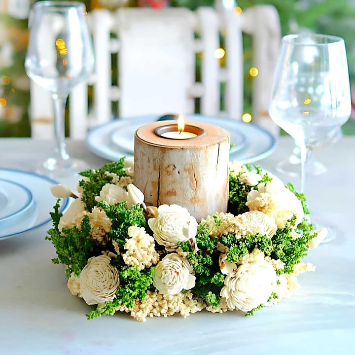 Handmade Classical White Flower Sola Wood Centerpiece With Candle Holder