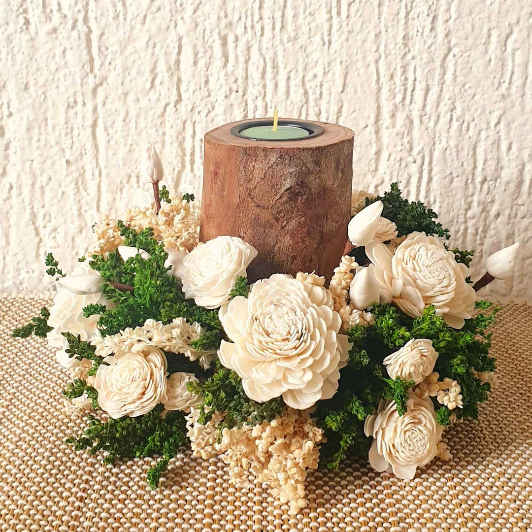 Handmade Classical White Flower Sola Wood Centerpiece With Candle Holder