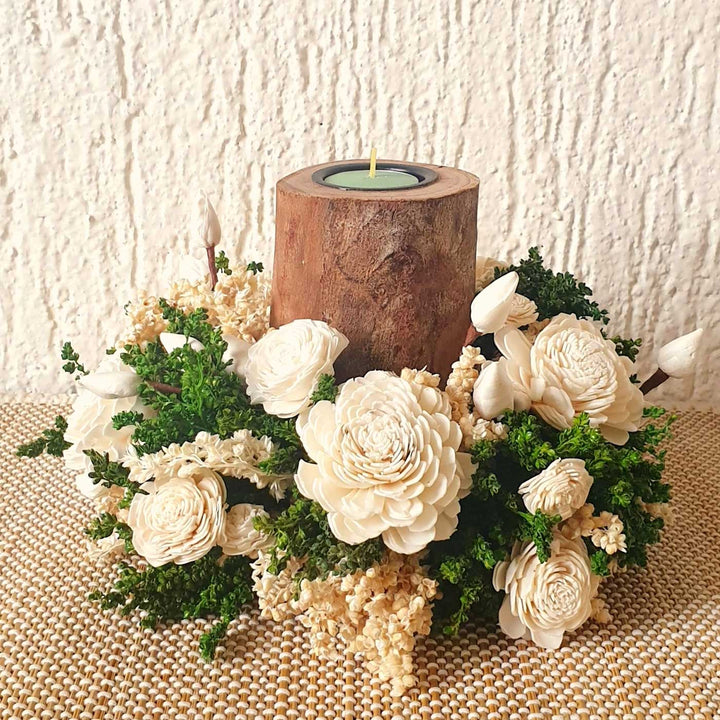 Handmade Classical White Flower Sola Wood Centerpiece With Candle Holder