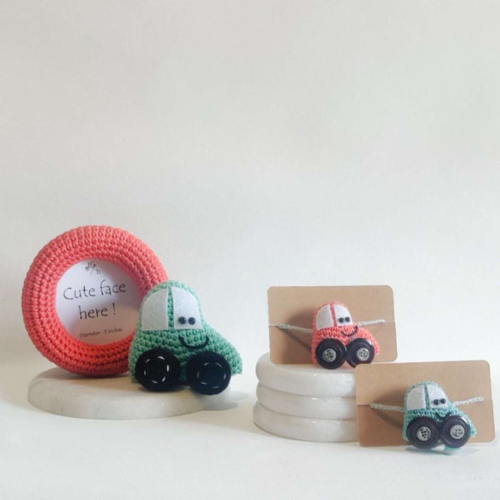 Handmade Crochet Crazy Car Photo Frame & Kids Rakhi With Roli Chawal