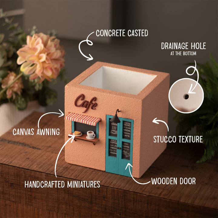 Handmade Persoanlized Café Themed Peach & Turquoise Concrete Planter With Drainage Hole For Home Decor
