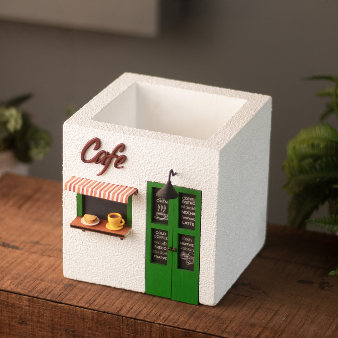 Handmade Personalized Café Themed White & Green Concrete Planter With Drainage Hole For Home Decor
