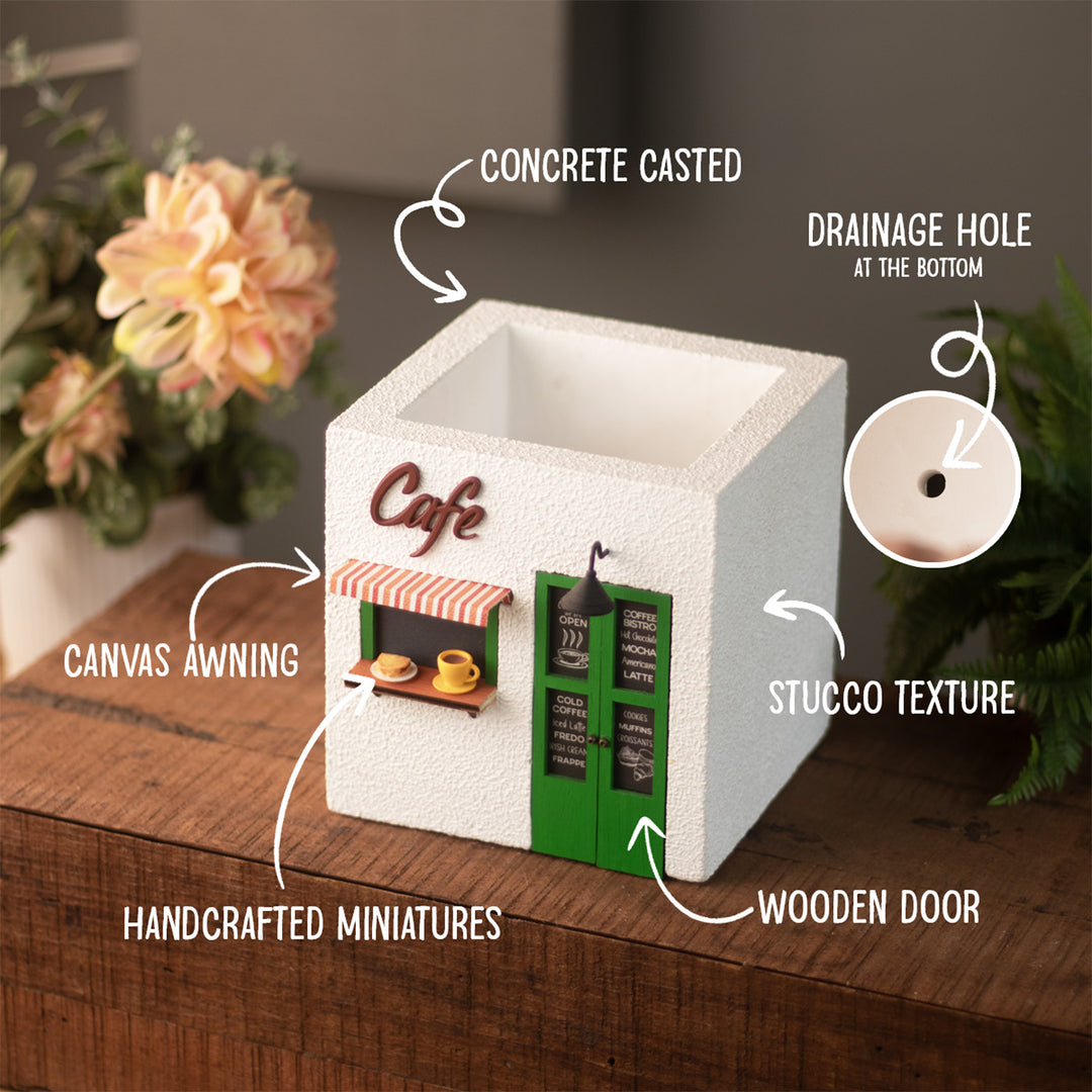 Handmade Personalized Café Themed White & Green Concrete Planter With Drainage Hole For Home Decor