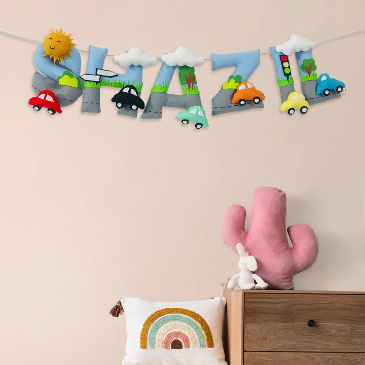Handcrafted Personalized Car Themed Bunting For Kids