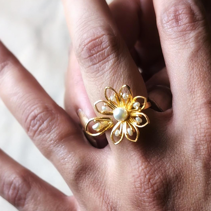 Handmade Celestial Flower 22k Gold Plated Silver Ring