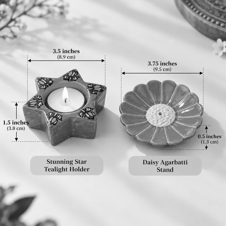 Handcrafted Ceramic Deep & Gul Diwali Gift Hamper With Agarbatti Stand And Star Tealight Holder