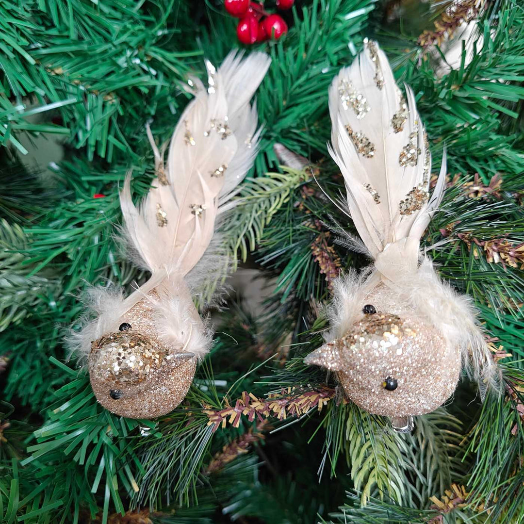 Handmade Champagne Glitter Grace Clip-On Bird | Set Of 2