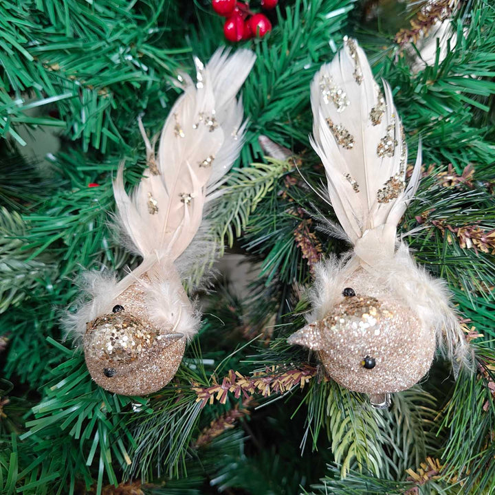 Handmade Champagne Glitter Grace Clip-On Bird | Set Of 2