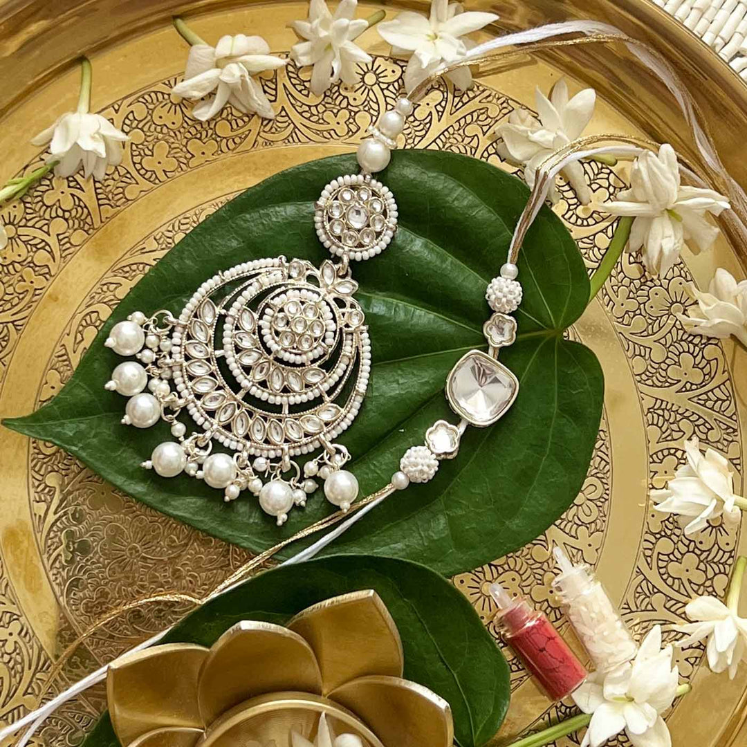 Handcrafted Kundan "Chandni" Couple Rakhi & Lumba Set With Roli Chawal for Bhaiya Bhabhi