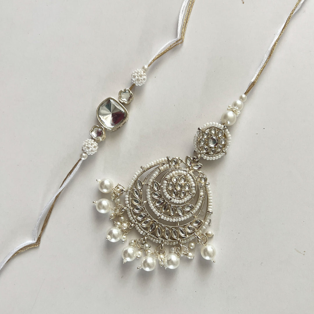 Handcrafted Kundan "Chandni" Couple Rakhi & Lumba Set With Roli Chawal for Bhaiya Bhabhi